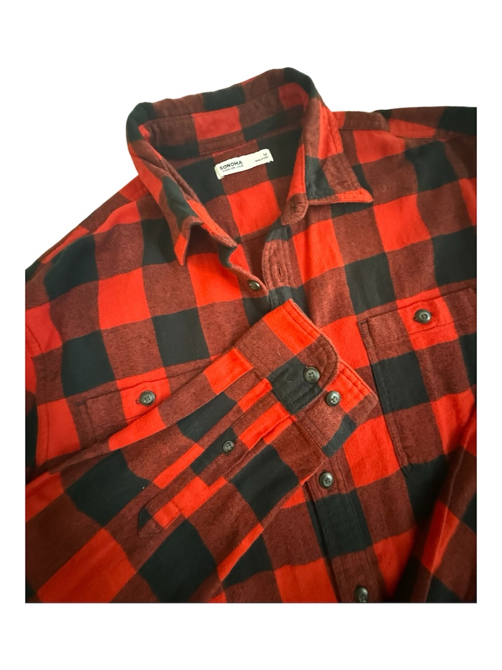 Sonoma Goods For Life Mens Red Black Buffalo Plaid Flannel Button Down Shirt M‎